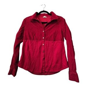 J Jill Corduroy Shirt Women SM Red Two Fabrics Button Up Long Sleeve 100% Cotton